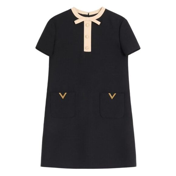 VALENTINO Elegant Short Sleeve Shift Dress with Embellished Pockets Women BLACK